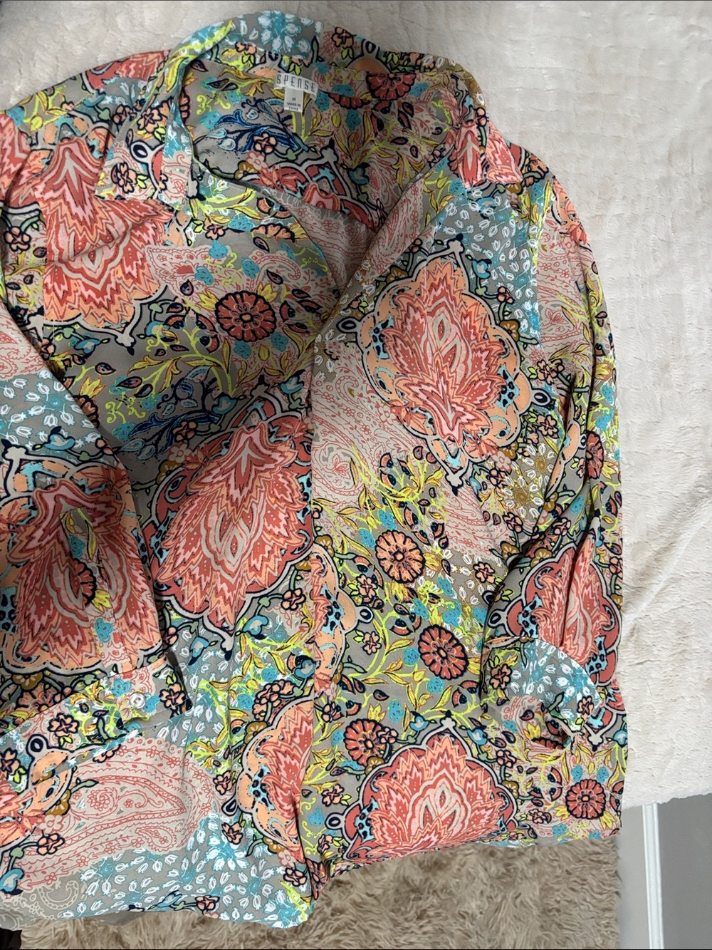 Spense Coral and Teal Paisley-Print Button Blouse
